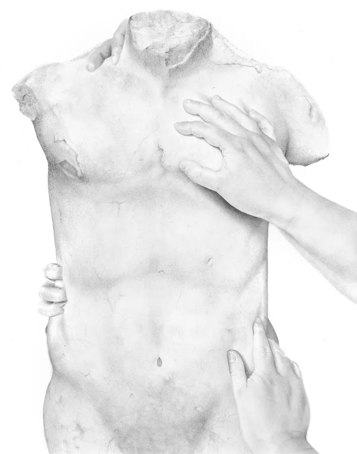 A headless classical torso is held by several finely drawn hands.
