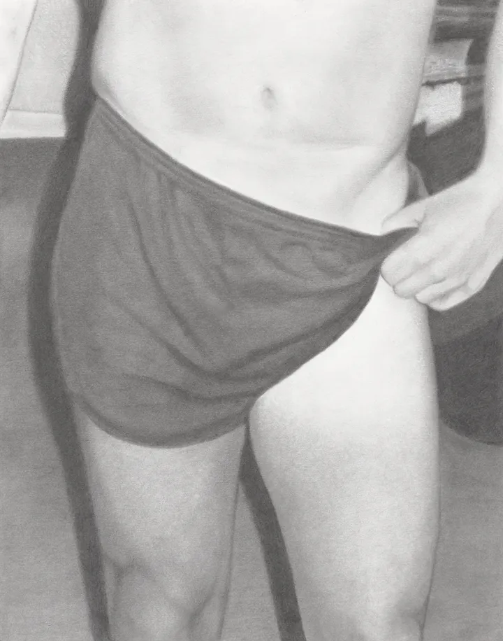 Grayscale close-up of a bare torso and thighs as one hand adjusts dark briefs.