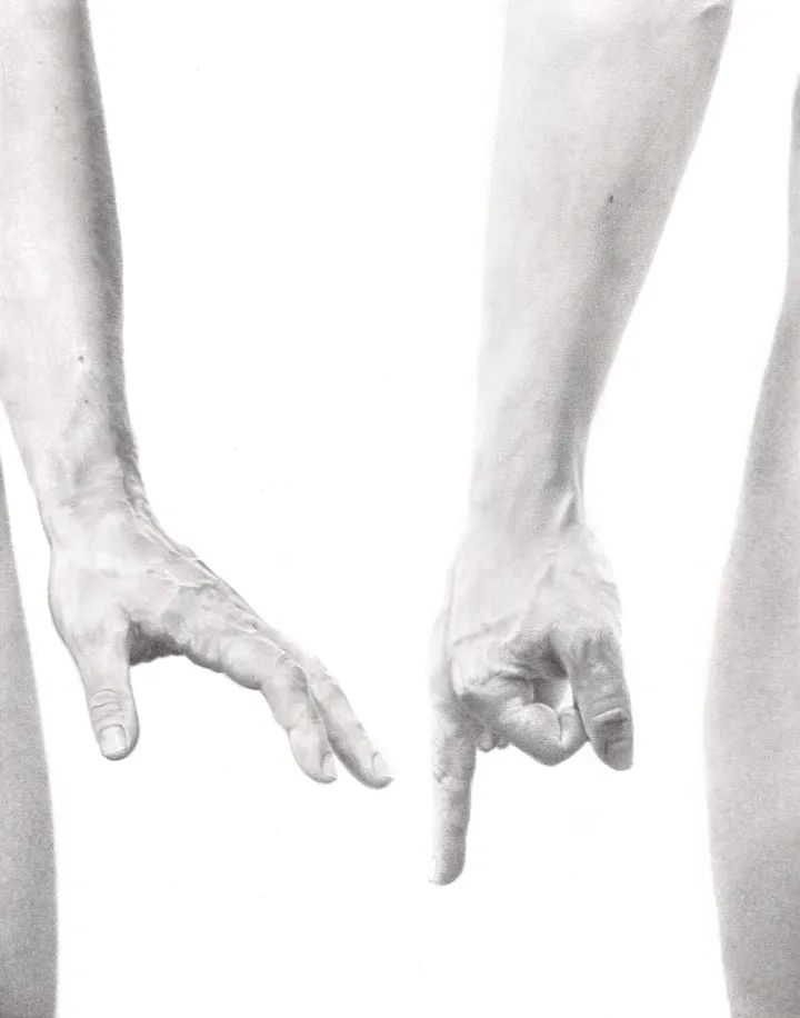 Graphite study of two hanging arms, one hand pointing down while the other is clenched.