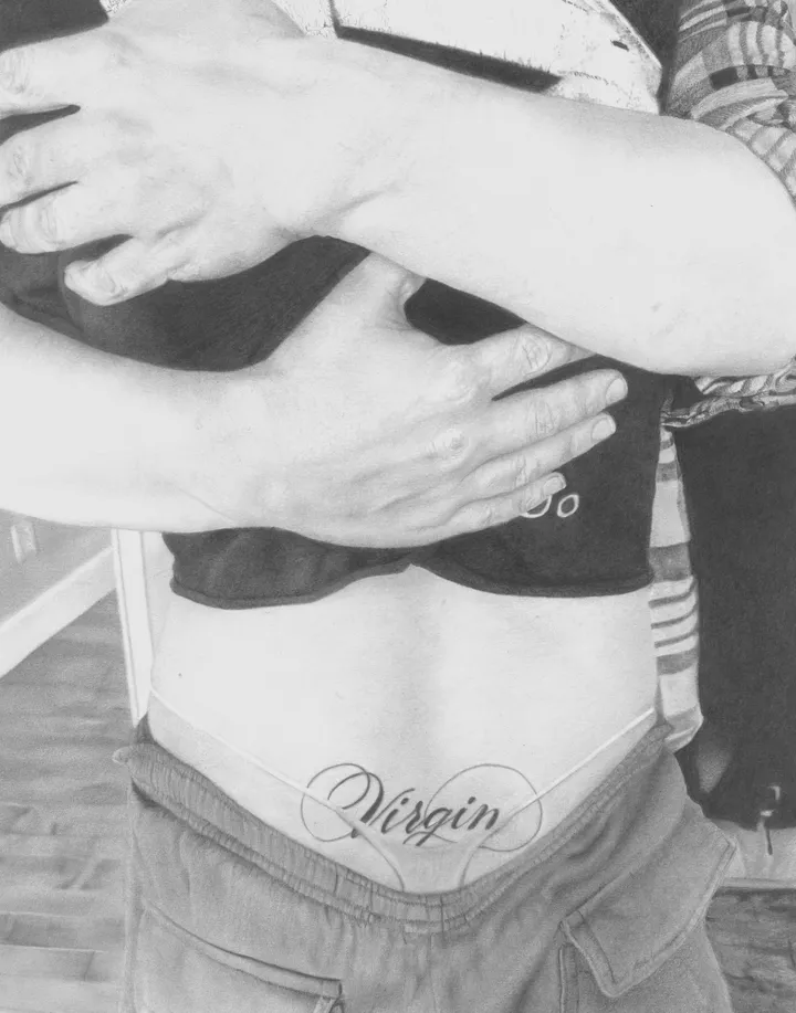 Multiple hands cross a cropped bare waist above jeans and a script Virgin tattoo.