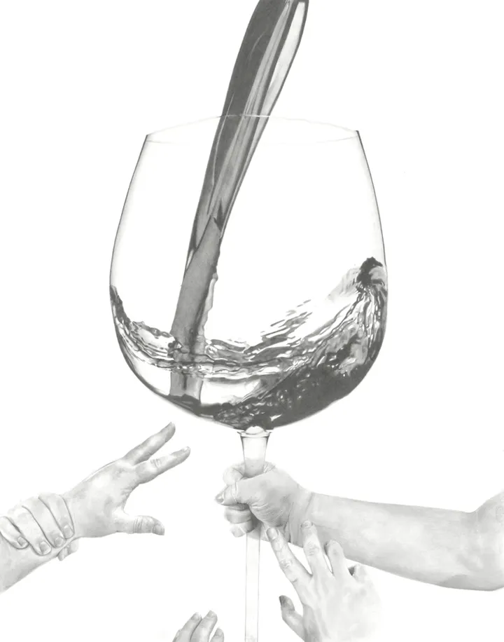Several hands toast beneath an oversized wine glass as liquid splashes inside it.